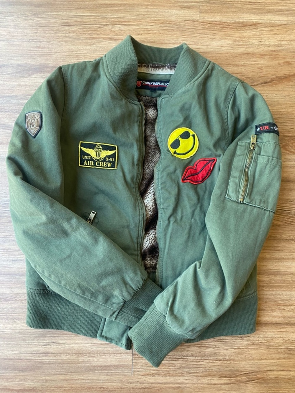 Urban Republic Olive Green Bomber Jacket with Yellow Smiley & Red Lip Patches